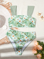 Daisy Floral Print Ruched Shoulder Straps High Waist High Cut Green Color Two Piece Bikini Sets Swimsuit, Women's Swimwear