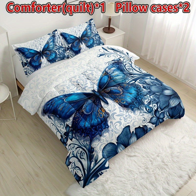 3pcs Blue Butterfly Floral Quilt Set - Soft, Breathable, Comfortable All-Season Quilted Bedding with Vibrant Print - Ideal for Home, Dormitory, and Guest Room