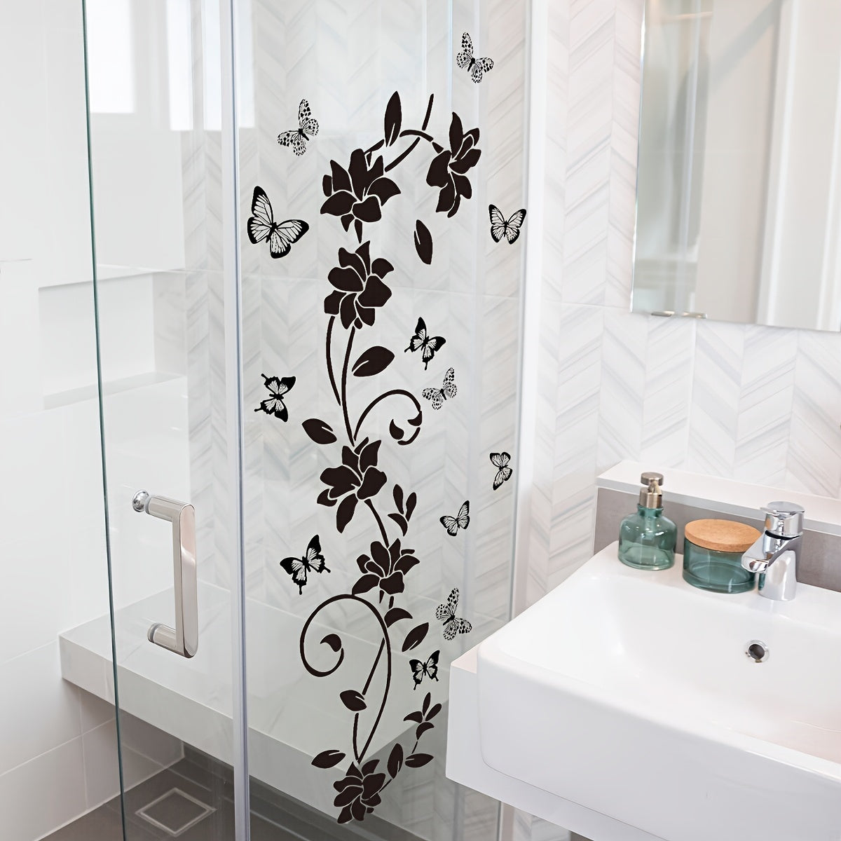 Elegant Black Floral & Butterfly Vine Mirror Decal - Self-Adhesive Wall Sticker For Bathroom And Home Decor