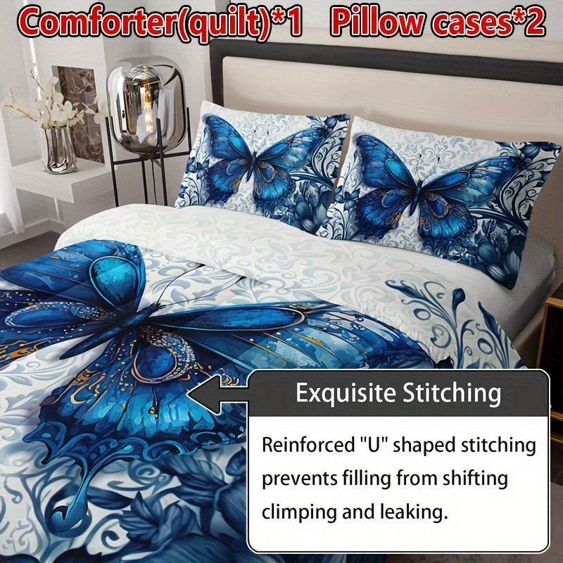 3pcs Blue Butterfly Floral Quilt Set - Soft, Breathable, Comfortable All-Season Quilted Bedding with Vibrant Print - Ideal for Home, Dormitory, and Guest Room