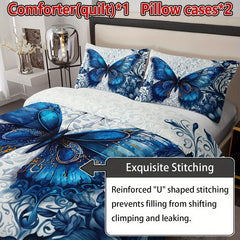 3pcs Blue Butterfly Floral Quilt Set - Soft, Breathable, Comfortable All-Season Quilted Bedding with Vibrant Print - Ideal for Home, Dormitory, and Guest Room