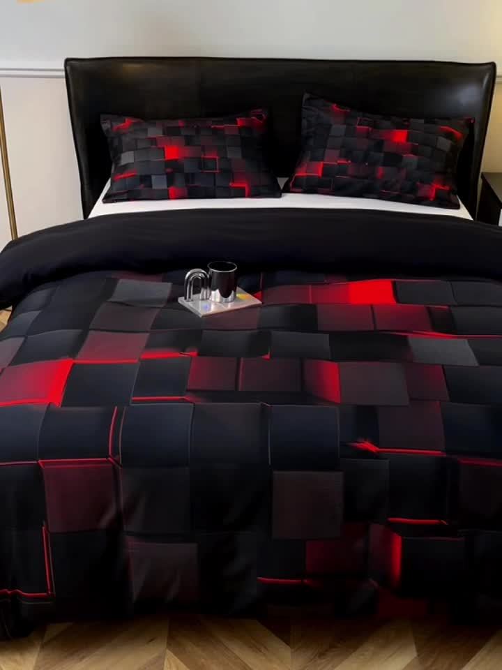 3-Piece Red Grid Duvet Cover Set - Ultra-Soft, Breathable Fabric - Includes 1 Duvet Cover & 2 Pillowcases for Comfortable Sleep - Ideal for Master & Guest Bedrooms