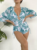 3-Piece Leaf Print Bikini Set - Flattering Halter Neck, High Waist, Adjustable Drawstring Cover Up - Perfect for Koningsdag/Kings Day Celebrations - Stylish Womens Swimwear Ensemble