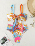 Allover Print Knot Front High Waist 2 Piece Set Bikini Swimsuits, Women's Swimwear & Clothing