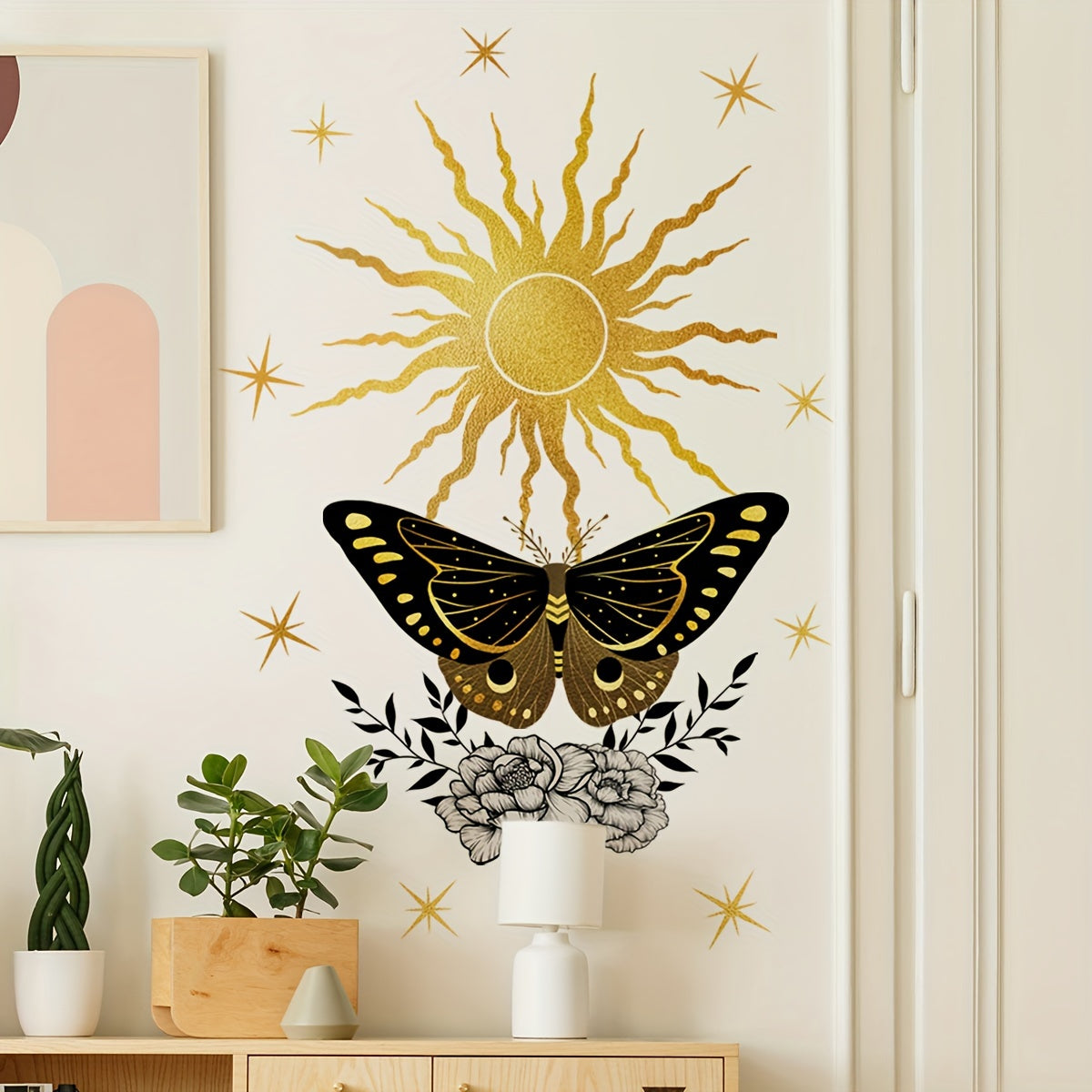 Sun, Moon & Butterfly Floral Wall Decals - Self-Adhesive PVC Stickers for Living Room and Bedroom Decor, Matte Finish