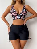 Floral Print Bikini Set with High-Waisted Shorts - Polyester and Spandex Blend, Knit Fabric, Sleeveless, Tie Detail, No Steel Bands, for Swimming