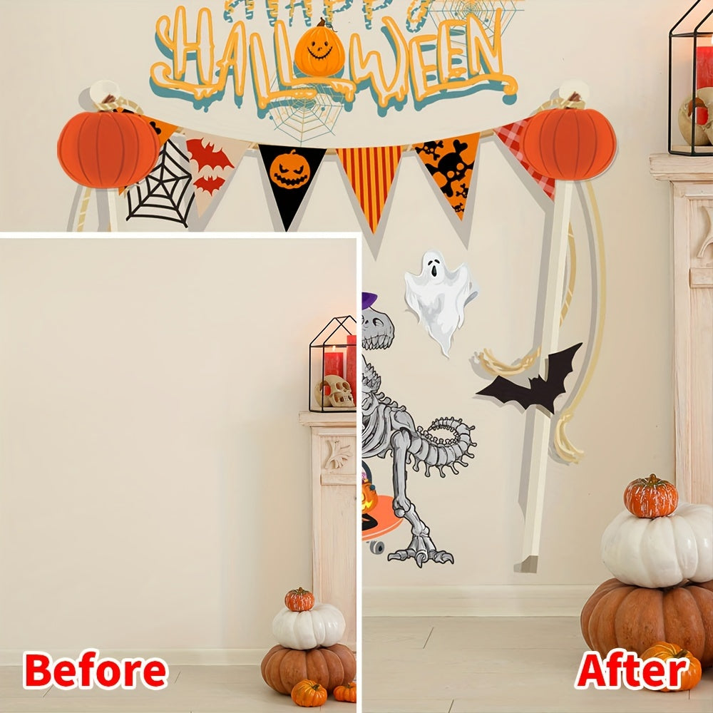 Halloween Skeleton Decor Wall Decal, Contemporary PVC Holiday Party Art, Festive No-Electricity Home Decorations for Halloween, Non-Feathered