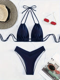 Plain Black Color Triangle Halter Tie Strap Backless 2 Piece Set Bikini Swimsuits, Women's Swimwear & Clothing