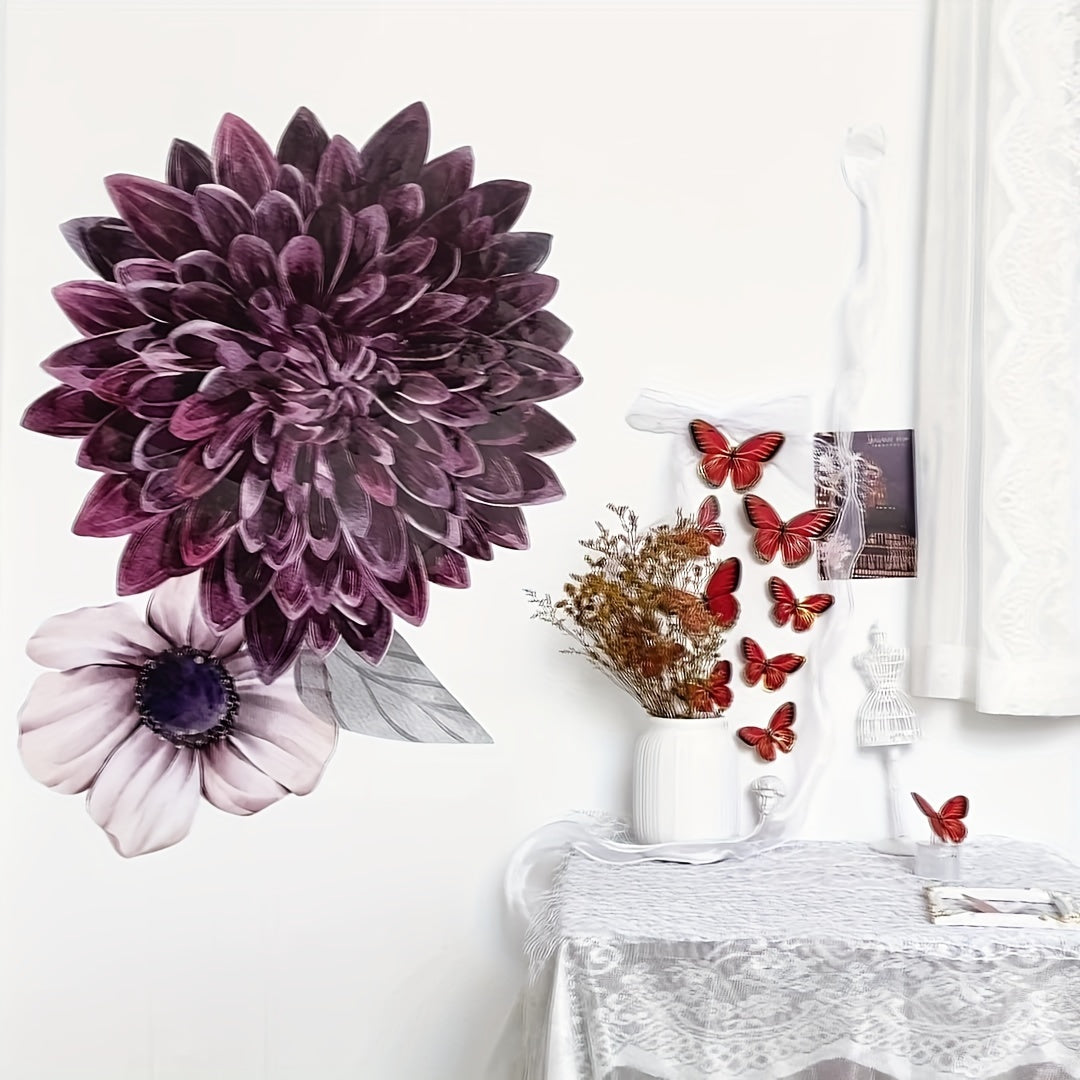 Large 3D Floral Wall Decals - Self-Adhesive, Invisible Glue, Perfect for Living Room & Bedroom Decor, Matte Finish, Multi-Surface Compatible