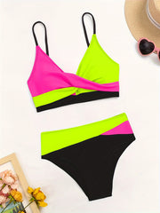 Two-Piece High-Waisted Swimsuit for Women, Fashionable Ruched Contrast Color Block Beach Swimwear