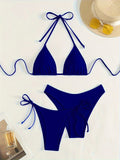 Solid Color 3 piece Set Bikini, Halter Neck Backless Swimsuits, Women's Swimwear & Clothing