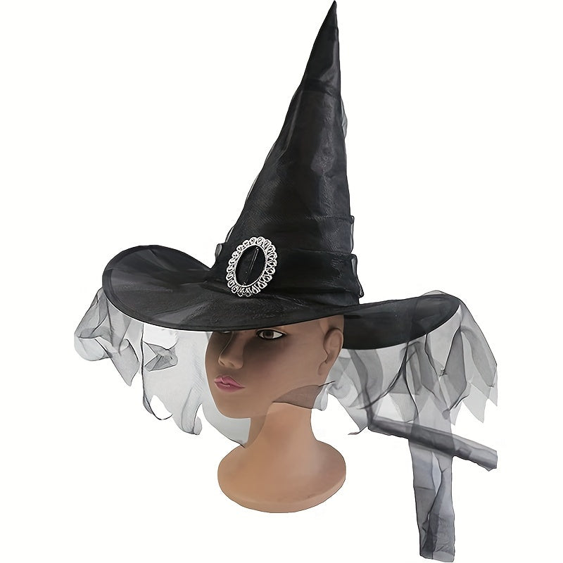 Funky Black Witch Hat with Veil - Perfect for Halloween & Cosplay Parties, Non-Woven Fabric