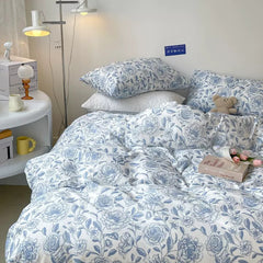 Qfdian Blue Flowers Pattern Print Bedding Set