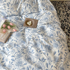 Qfdian Blue Flowers Pattern Print Bedding Set