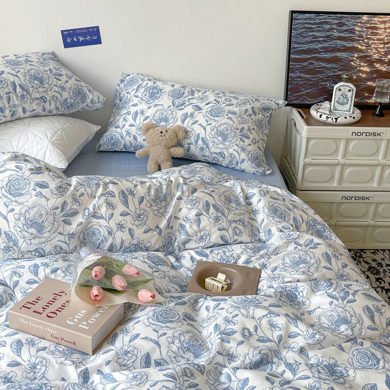 Qfdian Blue Flowers Pattern Print Bedding Set