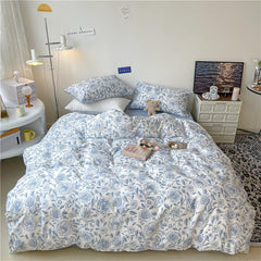 Qfdian Blue Flowers Pattern Print Bedding Set