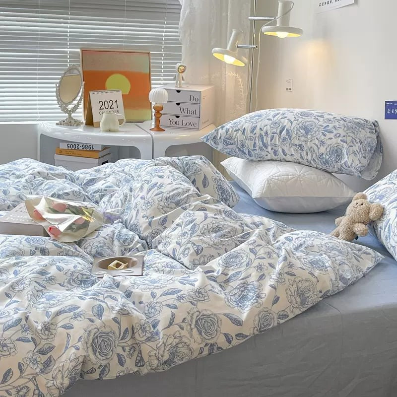 Qfdian Blue Flowers Pattern Print Bedding Set