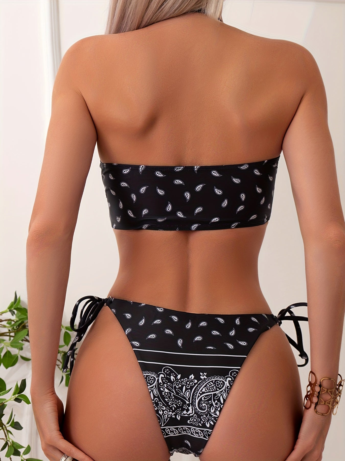 Two Piece Black Color Base Tie Centre Core Halter Neck Tie Side High Cut Ring-linked Ethnic Tribal Style All Over Print Bikini Sets, Women's Swimwear