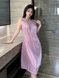 Sultry Satin Nightgown - Women's Sleepwear Dress, Round Neck Sleeveless Tank Style, Comfortable Contrast Lace Applique Design, Soft and Breathable Fabric, Perfect for Lounging and Sleeping - Nightgowns & Sleepshirts