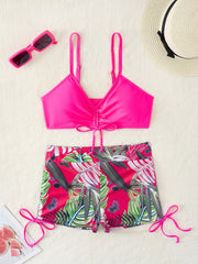 High-Waisted Adjustable Tie-Front Women's Bikini Set with Tropical Print Boyshort Bottoms, Beachwear Swimwear