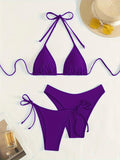 Solid Color 3 piece Set Bikini, Halter Neck Backless Swimsuits, Women's Swimwear & Clothing