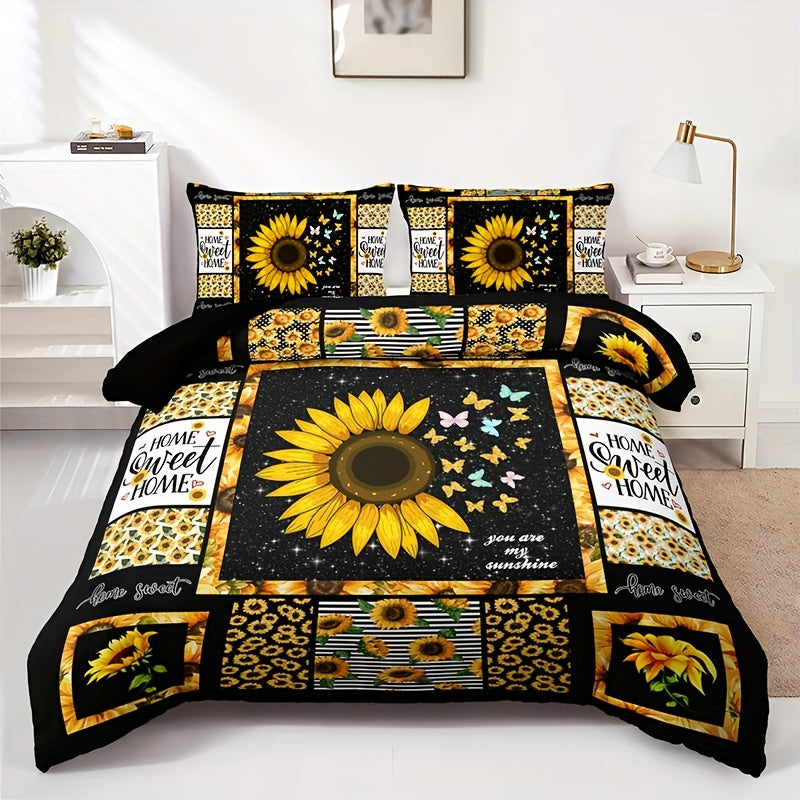 3pcs Sunflower Flower Print Duvet Cover Set - Vibrant Fashion Pastoral Style, Ultra-Soft and Breathable Fabric, Complete Set with 1 Duvet Cover and 2 Pillowcases, Perfect for Bedrooms and Guest Rooms