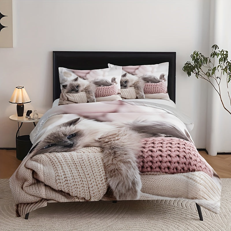 3pcs Polyester Duvet Cover Set (1*Duvet Cover + 2*Pillowcase, Without Core), Fashion Cute 3D Cat Print All Season Bedding Set, Soft Comfortable Duvet Cover, For Bedroom, Guest Room