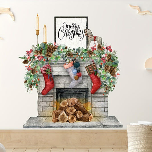 Peel & Stick Christmas Fireplace Wall Decal - Easy Apply for Living Room, Home & Office Holiday Decor