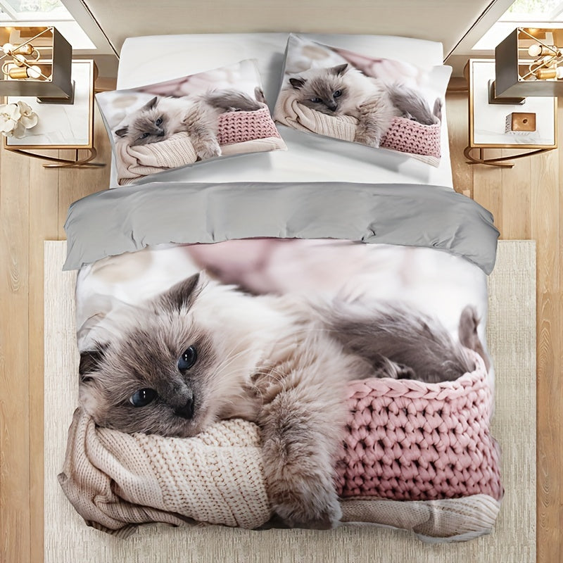 3pcs Polyester Duvet Cover Set (1*Duvet Cover + 2*Pillowcase, Without Core), Fashion Cute 3D Cat Print All Season Bedding Set, Soft Comfortable Duvet Cover, For Bedroom, Guest Room