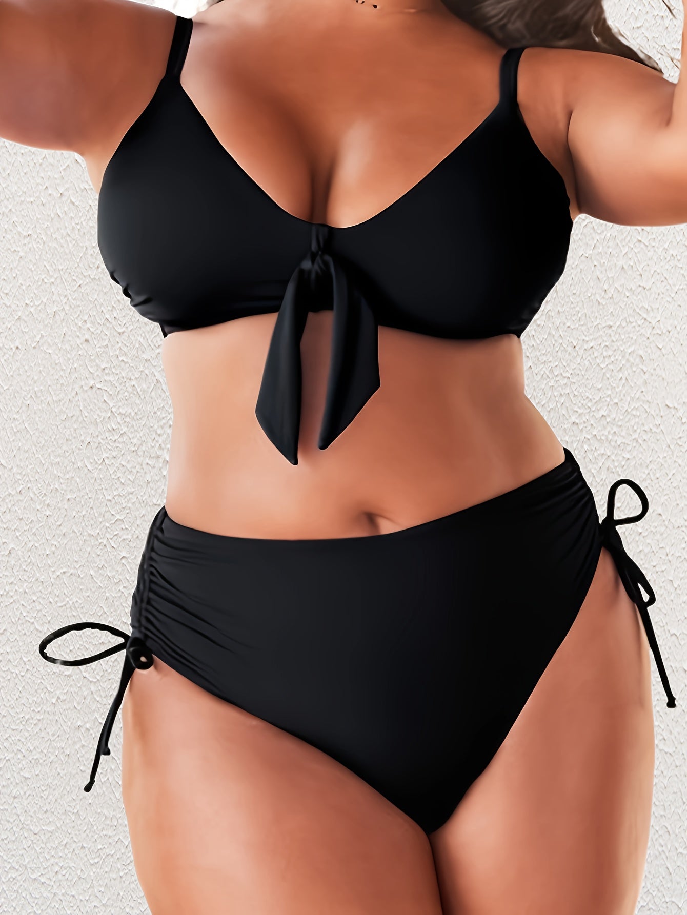 Plus Size Womens Two-Piece Bikini Swimsuit - High-Waisted, Adjustable Tie-Front, Removable Padded, Medium Stretch, Machine Washable, Solid Color Fashion Bikini with Drawstring and Spaghetti Strap Details