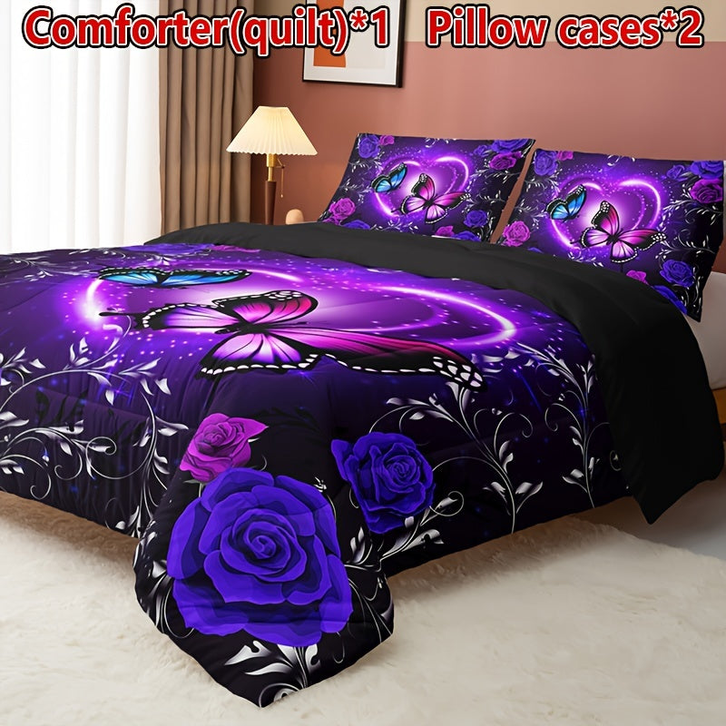 3pcs Purple Butterfly Floral Quilt Set (1 Quilt + 2 Pillowcase Without Pillow Insert), All Season Quilted Bedding Soft Comfortable Breathable Print Quilt For Home Dormitory