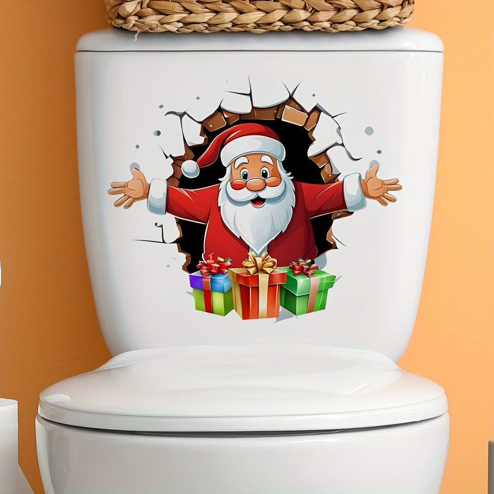 3D Santa Claus Toilet Sticker, Christmas Bathroom Decor, PVC Self-Adhesive Ceramic Toilet Tank Cover Decal, Reusable, Rectangular, Semi-Matte Finish