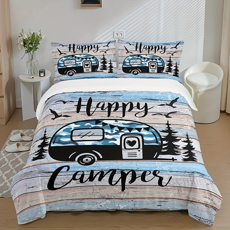 3-Piece Camping Forest Car Print Duvet Cover Set - Soft, Comfortable, and Fashionable Bedding for Bedroom and Guest Room - Includes 1 Duvet Cover and 2 Pillowcases, No Filling