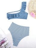 2 Piece Ruffle One Shoulder Stripes Print Bikini Set - High Waist Tummy Control, Asymmetric, Blue, Stretchy, Beach Swimsuit for Women