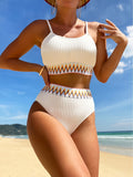 Chic 2-Piece Contrast Band Bikini Set - Round Neck, High-Waisted Bottoms, Stretch Comfort - Ideal for Beachwear & Poolside Fashion