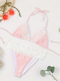 Vivid Color Block & Lace Halter Bikini Set - Deep V Neck, Adjustable Tie Back, High-Cut, Comfort Stretch Swimwear for Women