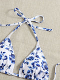 3pcs Floral Polyester Bikini Set, High Stretch Knit Fabric, Solid Color with Tie Waist Detail