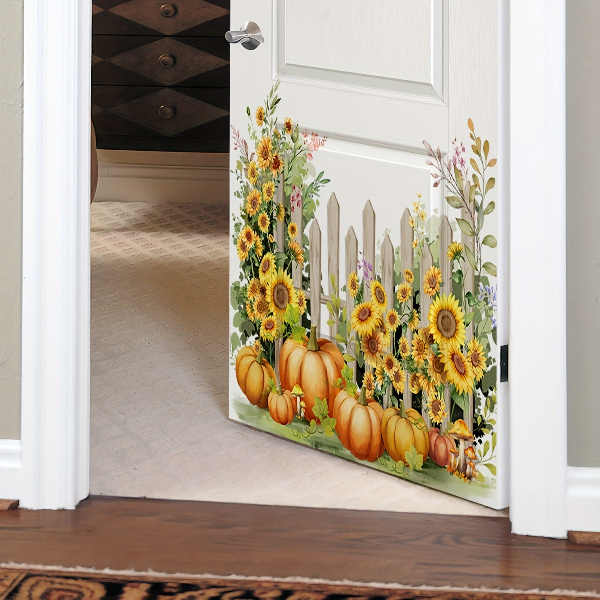 Classic Autumn Harvest Wall Decals - PVC Self-Adhesive Sunflower and Pumpkin Wall Art for Living Room and Bedroom Decor, Floral and Vegetable Garden Design, Matte Finish, Multi-Surface Application, Single Use