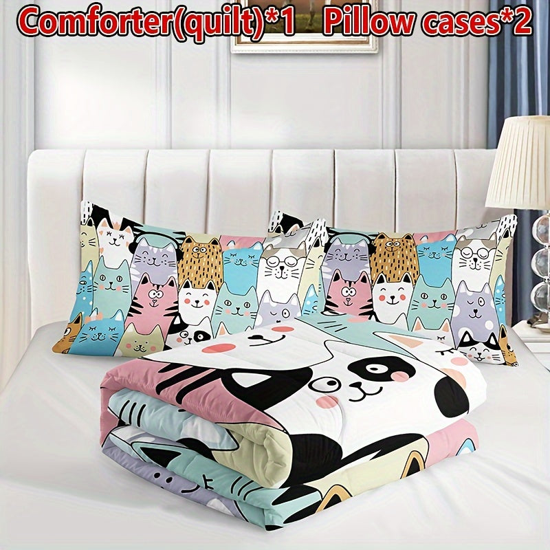 3-Piece Whimsical Cat Quilt Set - Soft, Comfortable & All-Season - Perfect for Home & Dorm (1 Quilt + 2 Pillowcases)