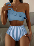 2 Piece Ruffle One Shoulder Stripes Print Bikini Set - High Waist Tummy Control, Asymmetric, Blue, Stretchy, Beach Swimsuit for Women