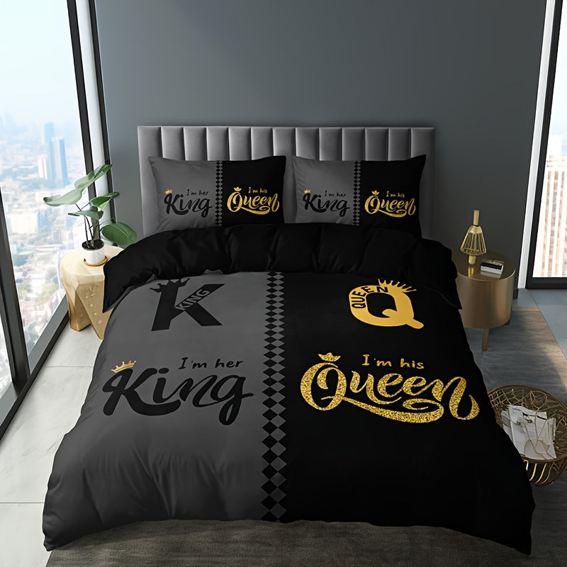 3-Piece Black & Grey Crown Lettering Duvet Cover Set - Vibrant High-Definition Printing, Soft Brushed Microfiber Fabric, Comfortable and Breathable for Home & Dorm Decor - Comforter Not Included