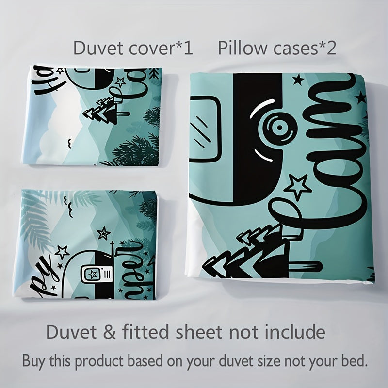 3pcs Cozy Cartoon Car Letter Print Duvet Cover Set - Soft, Breathable, Comfortable Bedding for Bedroom, Guest Room - Includes 1 Duvet Cover and 2 Pillowcases, No Filling