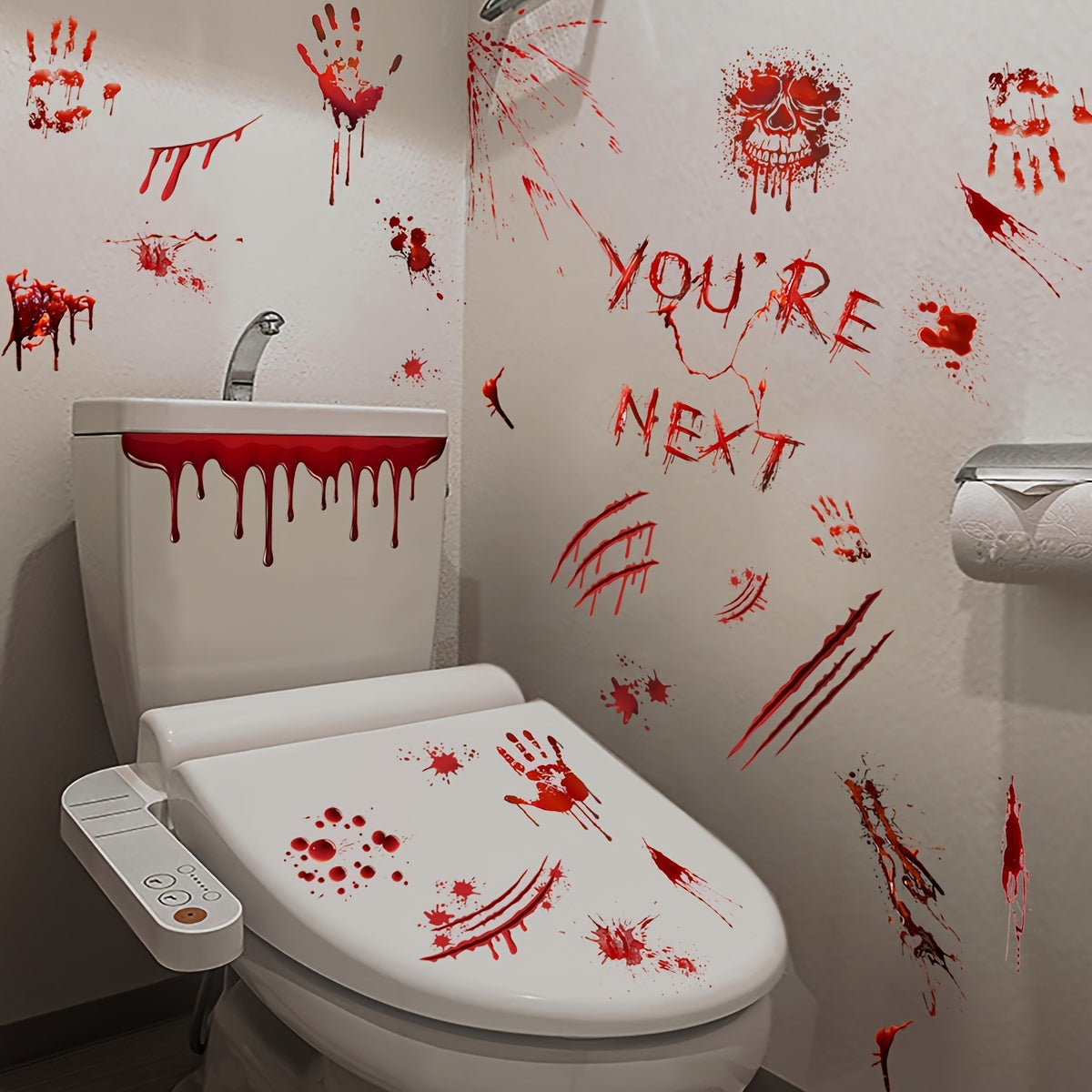 Spooky Halloween Wall Stickers: 4 Sheets of 11.81*7.87inch Blood Splatters, Handprints, and Skeletons for Your Bathroom Decor