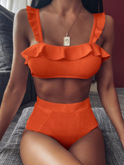 High Waist Ruffled Trim Two Piece Bikini Sets Swimsuit, Women's Tummy Control Swimwear with Shoulder Straps