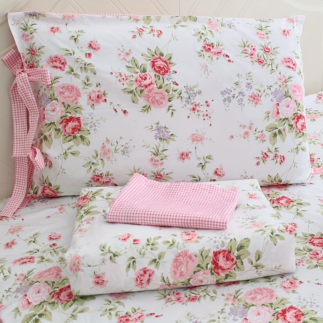 Elegant 4pc Rose Floral Cotton Sheet Set - Soft, Breathable Comfort - Complete Bedding Solution for Bedrooms & Guest Rooms