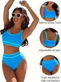 Stylish High Waist Bikini Swimsuit - Color Blocking, Playful High Split, Sporty Fashion Design, Quick-Drying, Comfortable, Flattering Silhouette, Perfect for Water Sports and Beach Activities - Women's Fashion Swimwear