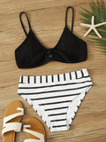Chic 2-Piece Striped Bikini Set - V-Neck with Tie-Front, Flattering High-Cut Bottoms, Perfect for Beach and Poolside