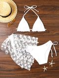 3-Piece Women’s Swimwear Set - Classic Solid Butterfly Applique, Playful Lettuce Trim & Tie-Halter Design - Perfect for Beach & Pool