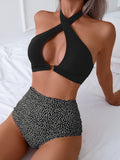 2 Piece Crisscross Halter Ring Bikini Top and Polka Dots Print Ruched High Waisted Bottoms Set - High Stretch, Machine Washable, Knit Fabric, Random Printing - Womens Swimwear for Summer Beach Vacation