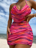 3 Piece Set Ombre Print Stretchy Swimsuits, Ruched Halter Bikini with Wrap Cover Up Skirt, Women's Swimwear & Clothing